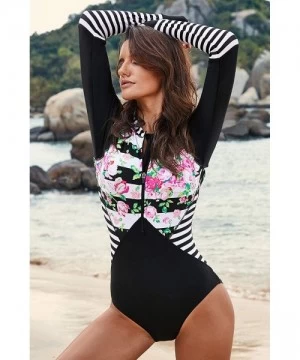 Racing Women's One Piece Rashguard Wetsuit Swimsuit Sun Protection - Black Floral - C218O526NGT