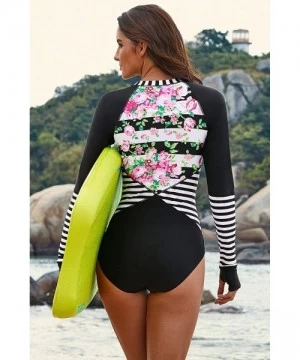 Racing Women's One Piece Rashguard Wetsuit Swimsuit Sun Protection - Black Floral - C218O526NGT