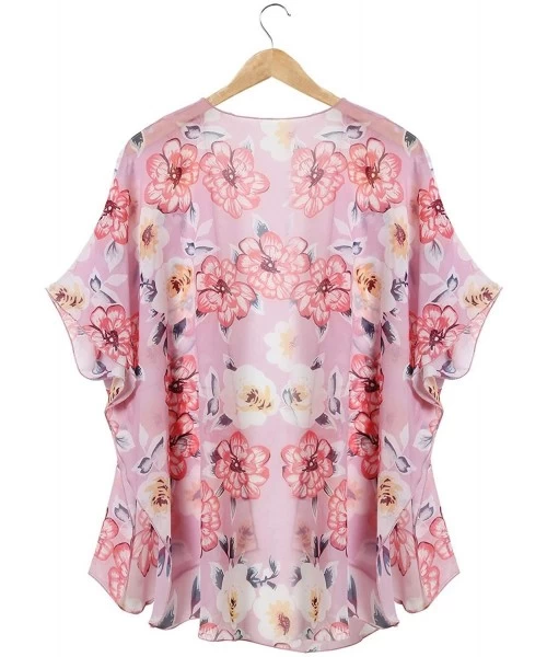 Cover-Ups Women Casual Floral Chiffon Kimono Cover Up Beach Wear Blouse Top - 54 Pink - CU18SWKE3DU