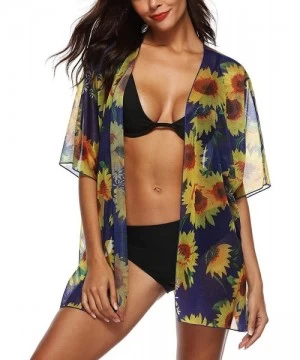 Cover-Ups Women's Sleeve Floral Chiffon Kimono Cardigan Blouse - Sunflower - CR18RM5Y23Z