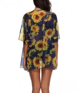 Cover-Ups Women's Sleeve Floral Chiffon Kimono Cardigan Blouse - Sunflower - CR18RM5Y23Z