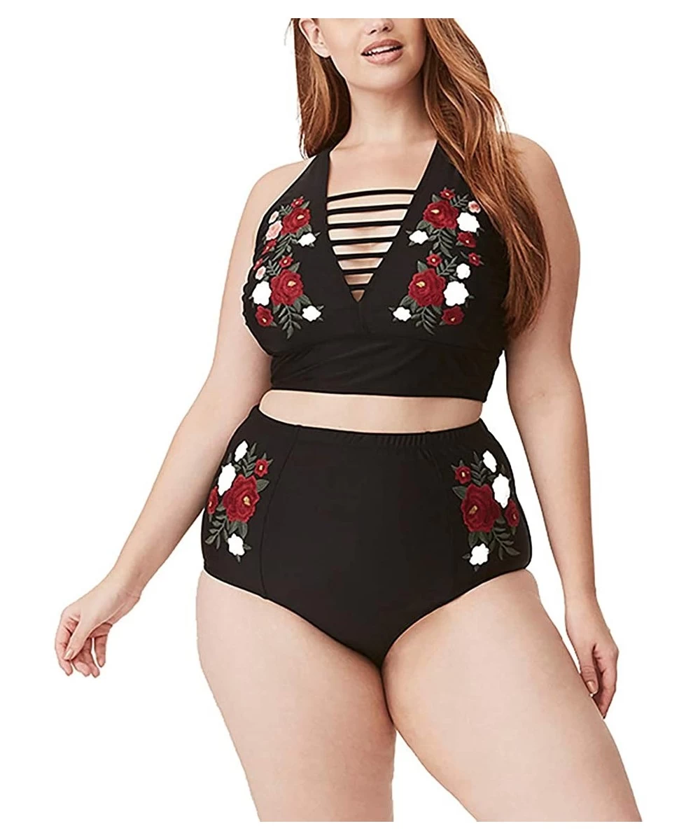 One-Pieces Women Plus Size Swimwear high Waisted Swimsuit Tummy Control Bikini Tankini(FBA) - Cut Outs Black Bikini - CF18UWT...