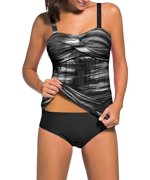 Bottoms Women's Solid Ruched Tankini Top Swimsuit with Triangle Briefs - Y Black - CI199LMY26U