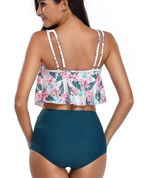 Tankinis Women Plus Size Two Piece Sexy Backless Halter Floral Swimwear Set Beachwear - D-blue - C918OZEKTUI