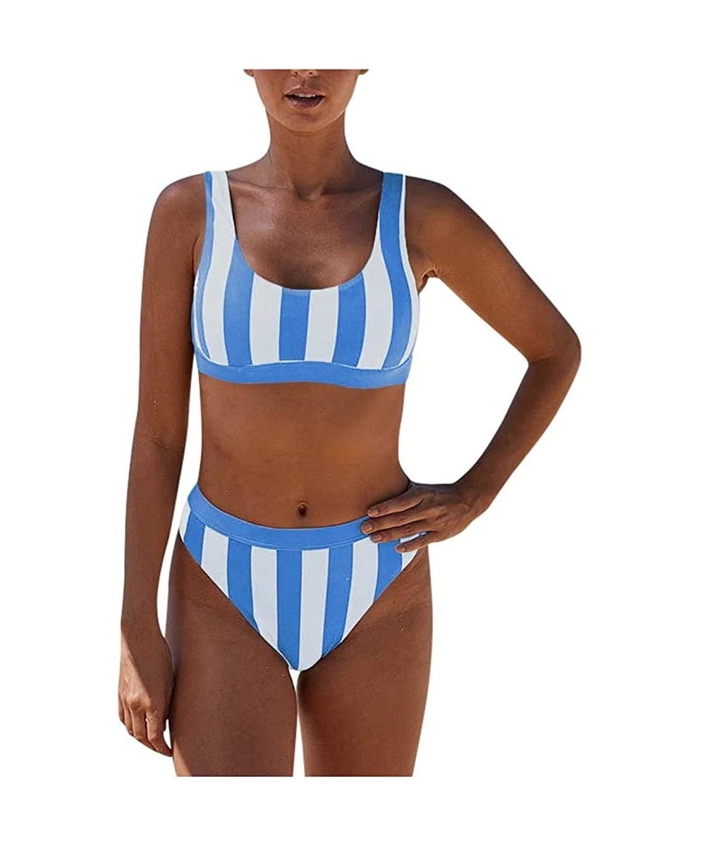 Sets Womens Bathing Suits Stripe Printing Swim Bottoms Padded Halter Bandage Bikini Two Piece Swimsuits - Blue - CA1966A8RZ8