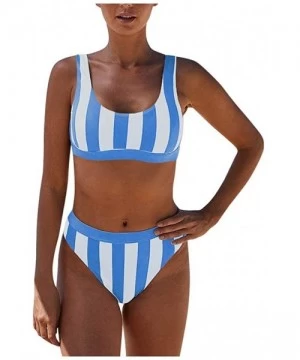 Sets Womens Bathing Suits Stripe Printing Swim Bottoms Padded Halter Bandage Bikini Two Piece Swimsuits - Blue - CA1966A8RZ8