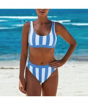 Sets Womens Bathing Suits Stripe Printing Swim Bottoms Padded Halter Bandage Bikini Two Piece Swimsuits - Blue - CA1966A8RZ8