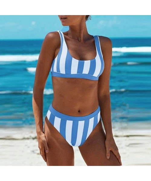 Sets Womens Bathing Suits Stripe Printing Swim Bottoms Padded Halter Bandage Bikini Two Piece Swimsuits - Blue - CA1966A8RZ8