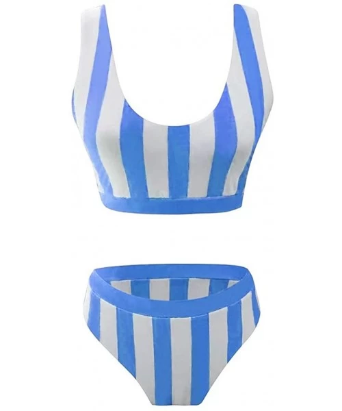 Sets Womens Bathing Suits Stripe Printing Swim Bottoms Padded Halter Bandage Bikini Two Piece Swimsuits - Blue - CA1966A8RZ8