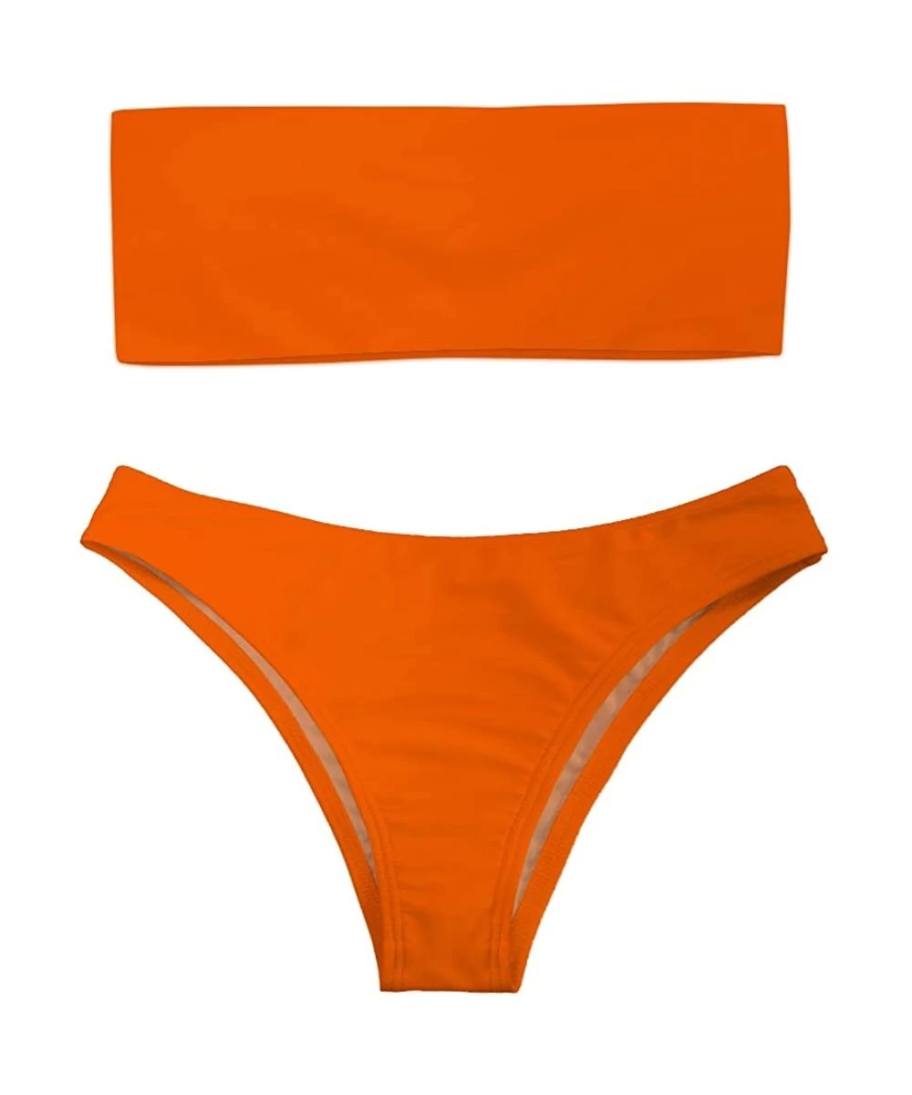 Sets Women 2 Pieces Bandeau Bikini Swimsuit Off Shoulder High Waist Bathing Suit - Orange - CR18QL67663