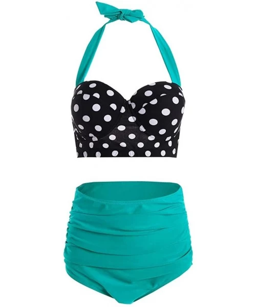 Tankinis Women Vintage Polka Dot High Waisted Bathing Suits Bikini Set - Green - C1194N6XSNE