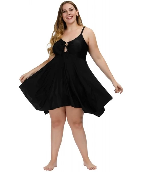 One-Pieces Women's 2 Pieces Flowy Top with Boyshorts Plus Size Tankini Bathing Suits - Black - C81920YYQW8