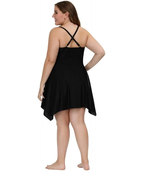 One-Pieces Women's 2 Pieces Flowy Top with Boyshorts Plus Size Tankini Bathing Suits - Black - C81920YYQW8