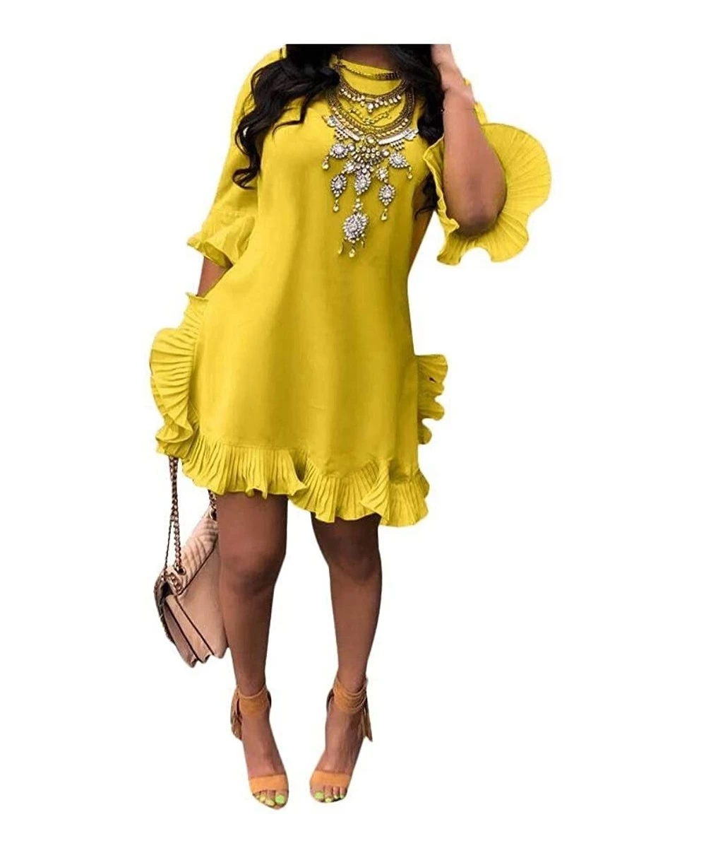 Cover-Ups Ruffles Elegant Pleated Irregular Solid Colored Beach Dresses - Yellow - C2190WZHKSE