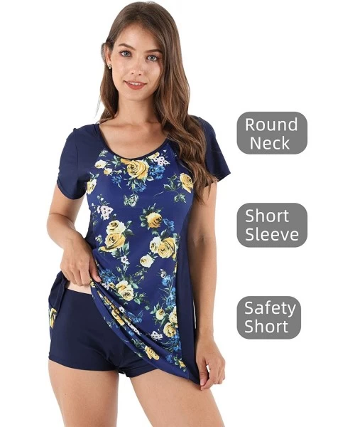 One-Pieces Womens One Piece Shaping Swim Dress with Boyleg Short Sleeve Swimdress Bathing Suit - Navy Flower - CE18G4EEA0Q