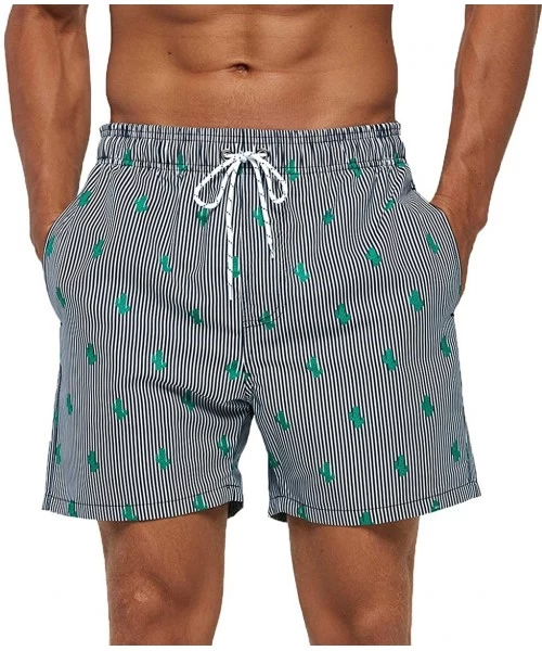 Board Shorts Men's Swim Trunks Quick Dry Athletic Swimwear Shorts with Mesh Lining and Pockets - Striped Cactus - CH19C45CQKZ