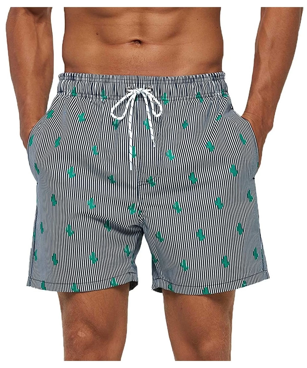 Board Shorts Men's Swim Trunks Quick Dry Athletic Swimwear Shorts with Mesh Lining and Pockets - Striped Cactus - CH19C45CQKZ