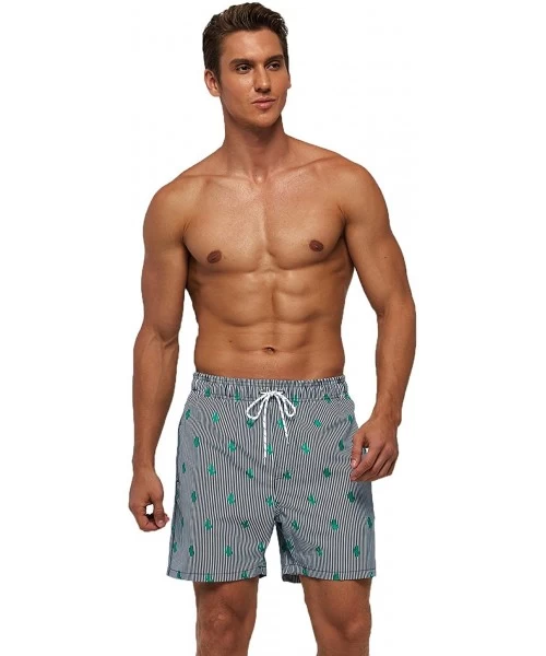 Board Shorts Men's Swim Trunks Quick Dry Athletic Swimwear Shorts with Mesh Lining and Pockets - Striped Cactus - CH19C45CQKZ