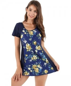 One-Pieces Womens One Piece Shaping Swim Dress with Boyleg Short Sleeve Swimdress Bathing Suit - Navy Flower - CE18G4EEA0Q