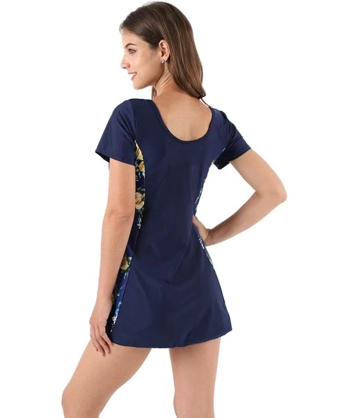 One-Pieces Womens One Piece Shaping Swim Dress with Boyleg Short Sleeve Swimdress Bathing Suit - Navy Flower - CE18G4EEA0Q