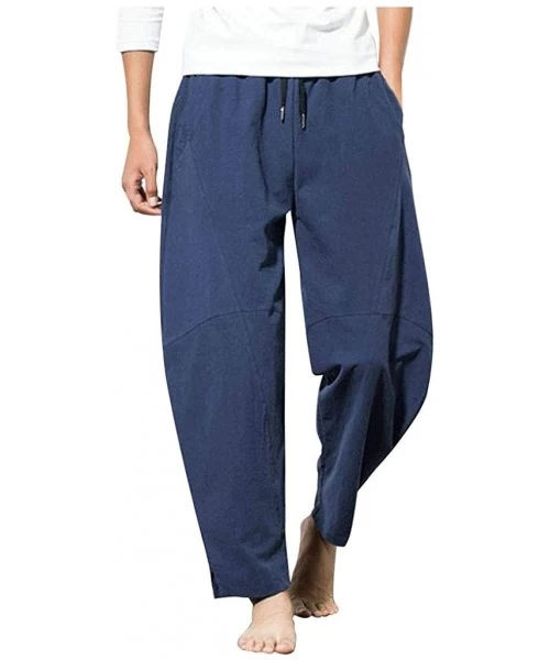 Trunks Men's Pants Casual Cotton Linen Drawstring Breathable Loose Jogger Straight-Leg Trouser with Pockets - Blue - CQ18WC25CIR