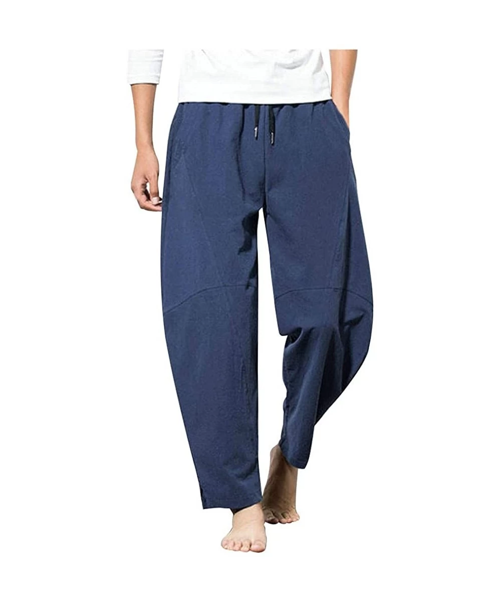 Trunks Men's Pants Casual Cotton Linen Drawstring Breathable Loose Jogger Straight-Leg Trouser with Pockets - Blue - CQ18WC25CIR