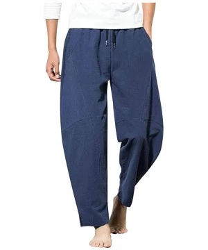 Trunks Men's Pants Casual Cotton Linen Drawstring Breathable Loose Jogger Straight-Leg Trouser with Pockets - Blue - CQ18WC25CIR