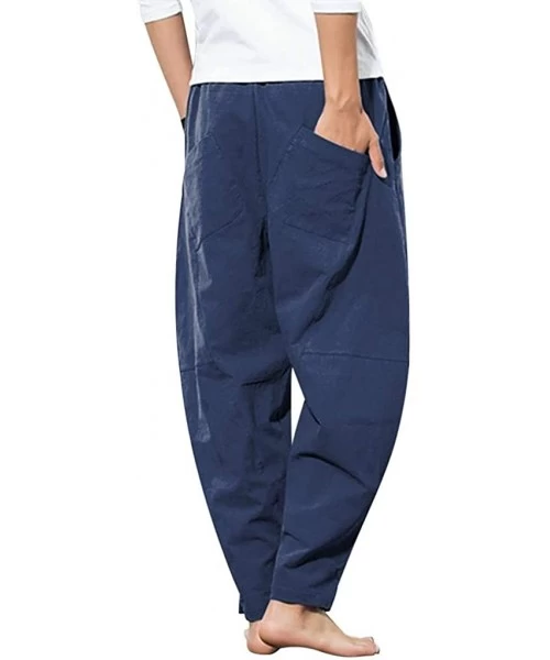 Trunks Men's Pants Casual Cotton Linen Drawstring Breathable Loose Jogger Straight-Leg Trouser with Pockets - Blue - CQ18WC25CIR