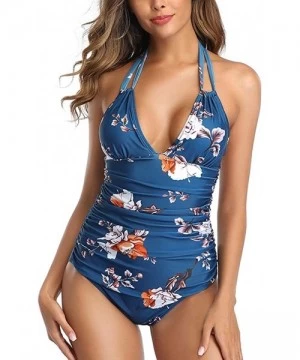 One-Pieces Tummy Control Swimwear Halter One Piece Slimming Swimsuit Ruched Floral Bathing Suits for Women - Blue - CT19748ENSH