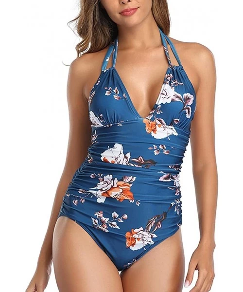 One-Pieces Tummy Control Swimwear Halter One Piece Slimming Swimsuit Ruched Floral Bathing Suits for Women - Blue - CT19748ENSH