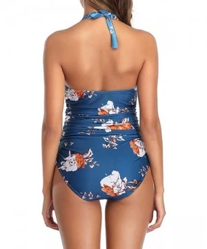 One-Pieces Tummy Control Swimwear Halter One Piece Slimming Swimsuit Ruched Floral Bathing Suits for Women - Blue - CT19748ENSH