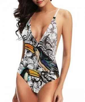 One-Pieces Tropical Flowers and Toucan Birds Women One Piece V Neck Swimsuit Backless Bikini Bathing Suit S - CQ18UTSZSED