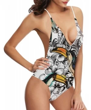 One-Pieces Tropical Flowers and Toucan Birds Women One Piece V Neck Swimsuit Backless Bikini Bathing Suit S - CQ18UTSZSED