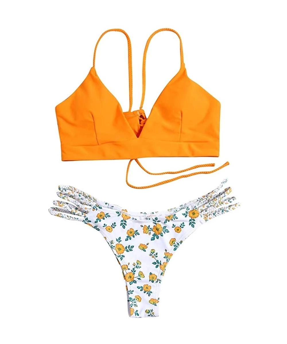 Sets Floral Printed Bikini Thong Two Piece Swimsuit for Women Shoulder Strap Push-ups Bras Beach Bathing Suit - Orange - CF18...