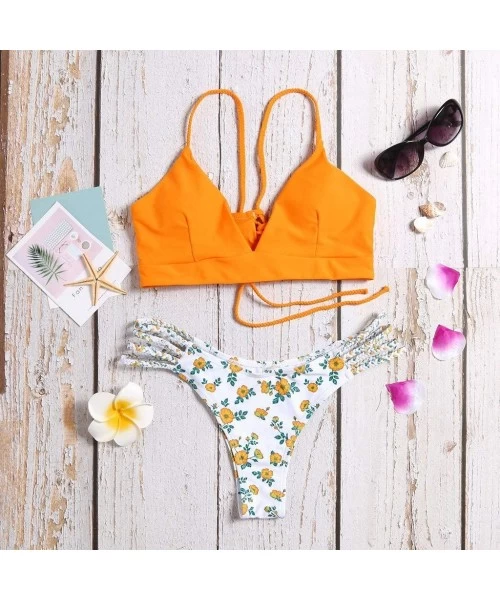 Sets Floral Printed Bikini Thong Two Piece Swimsuit for Women Shoulder Strap Push-ups Bras Beach Bathing Suit - Orange - CF18...