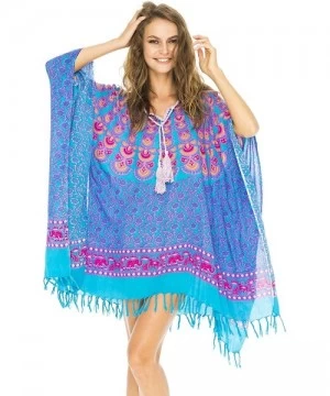 Cover-Ups Womens Swimsuit Cover Up Bathing Suit Bikini Swimwear Cover Boho Batik Beach Tunic Caftan - Pink Blue - CL11WDUFQEH