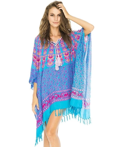 Cover-Ups Womens Swimsuit Cover Up Bathing Suit Bikini Swimwear Cover Boho Batik Beach Tunic Caftan - Pink Blue - CL11WDUFQEH