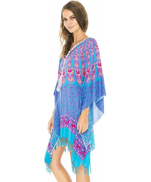 Cover-Ups Womens Swimsuit Cover Up Bathing Suit Bikini Swimwear Cover Boho Batik Beach Tunic Caftan - Pink Blue - CL11WDUFQEH