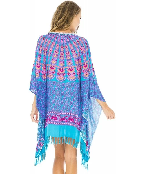 Cover-Ups Womens Swimsuit Cover Up Bathing Suit Bikini Swimwear Cover Boho Batik Beach Tunic Caftan - Pink Blue - CL11WDUFQEH