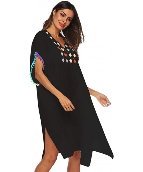 Cover-Ups Womens Bathing Suit Cover Ups Swimwear Tassel Crochet Swimsuit Bikini Beach Cover Ups - Black-colorful Sleeves - CD...