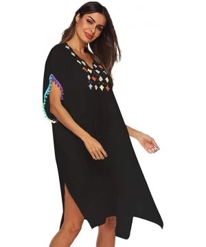 Cover-Ups Womens Bathing Suit Cover Ups Swimwear Tassel Crochet Swimsuit Bikini Beach Cover Ups - Black-colorful Sleeves - CD...