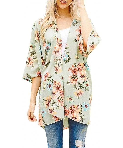 Cover-Ups Chiffon Floral Plus Cover Ups for Women Kimono Cardigan - Green - CU19C6T54ED