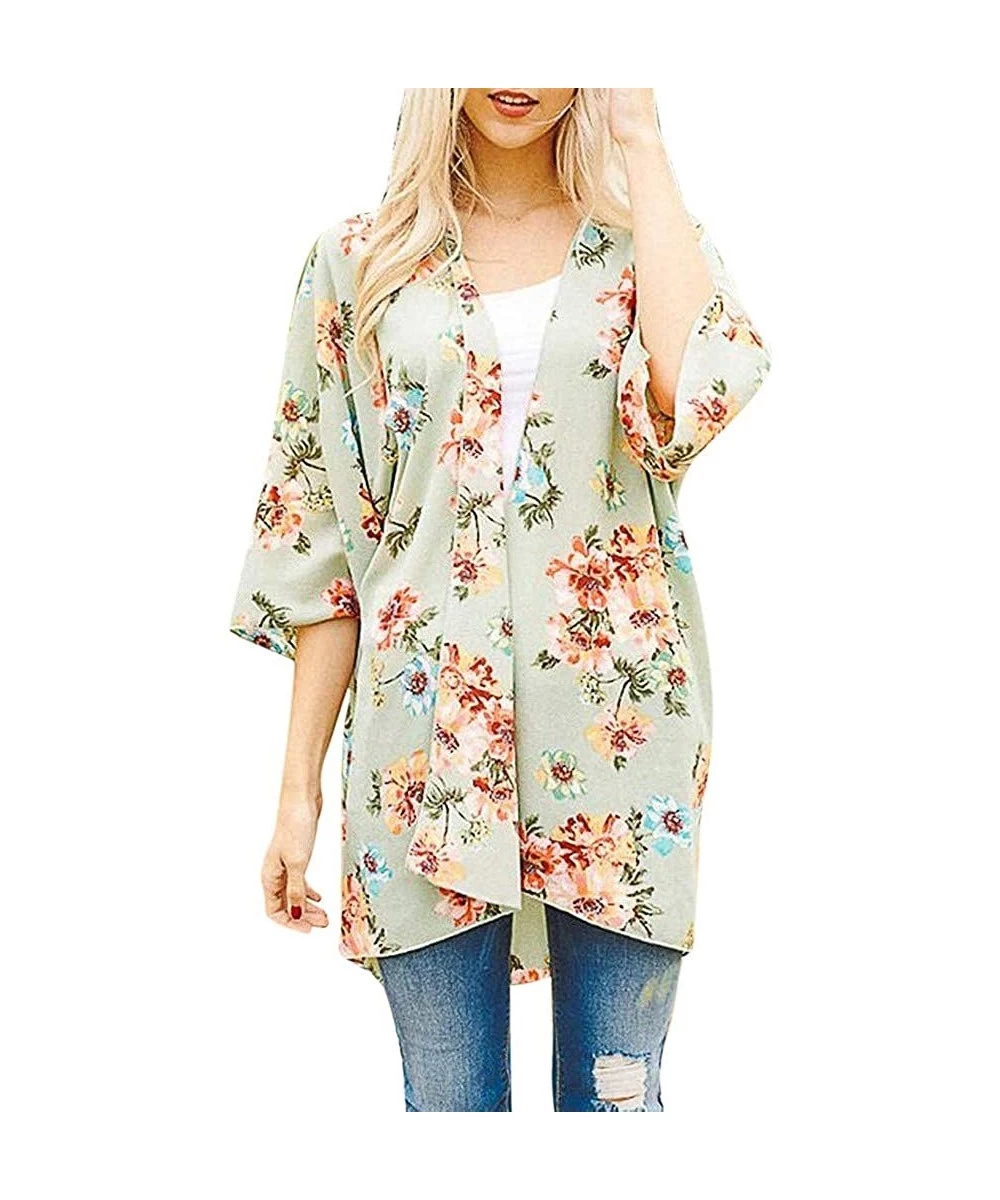 Cover-Ups Chiffon Floral Plus Cover Ups for Women Kimono Cardigan - Green - CU19C6T54ED