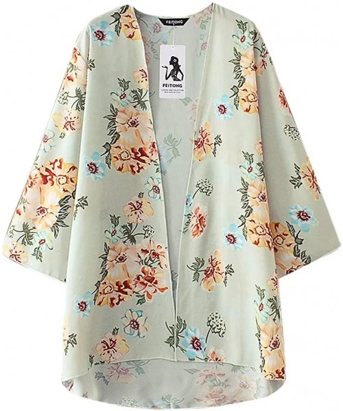 Cover-Ups Chiffon Floral Plus Cover Ups for Women Kimono Cardigan - Green - CU19C6T54ED