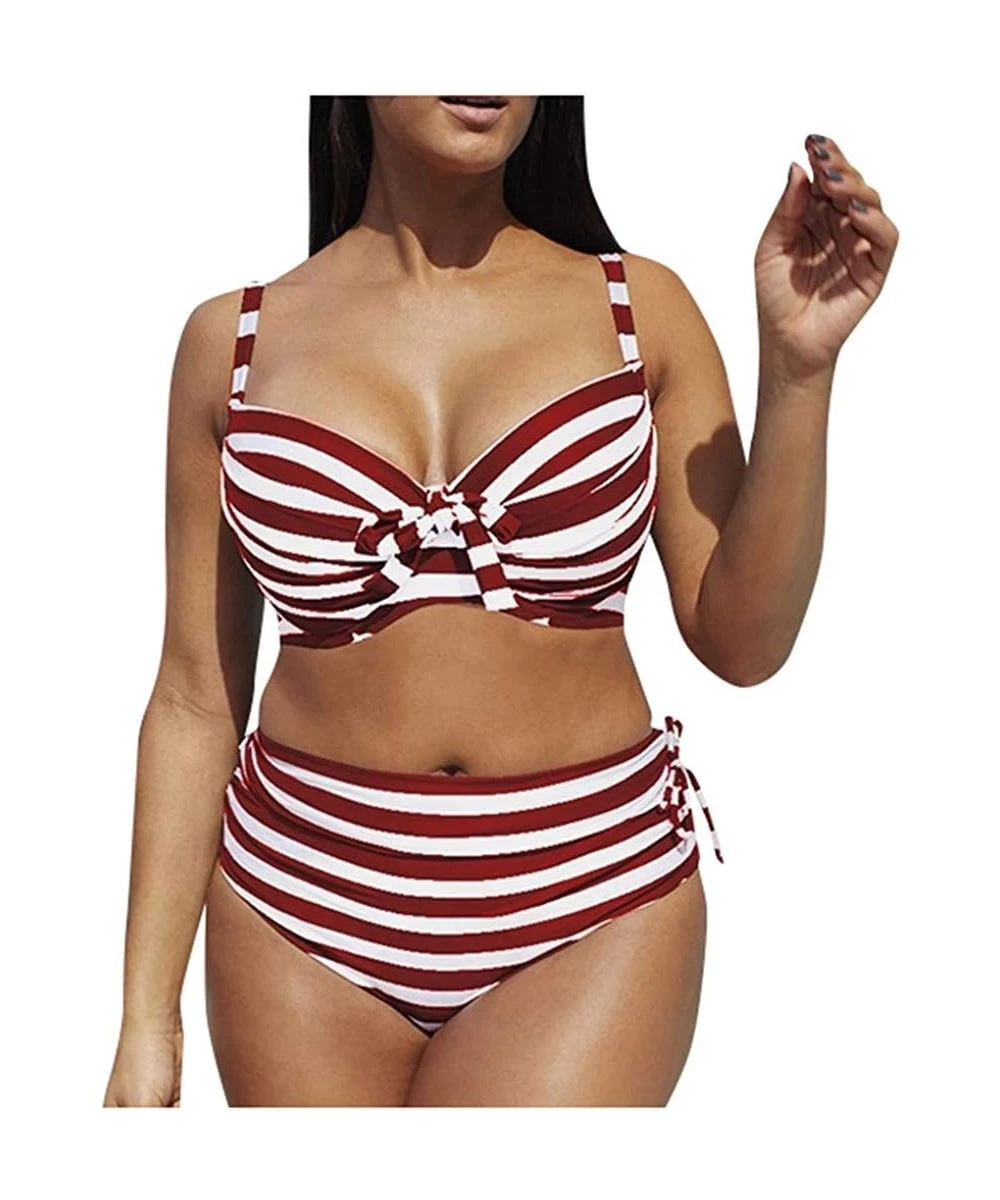 Racing Bikini Large Size Women Stripe Bikini Set Swimsuit Sexy Casual Low Waist Bikini - Wine - CN195NIIU65