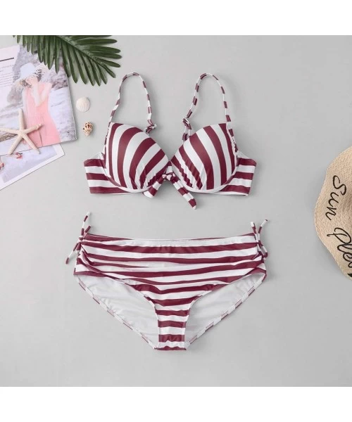 Racing Bikini Large Size Women Stripe Bikini Set Swimsuit Sexy Casual Low Waist Bikini - Wine - CN195NIIU65