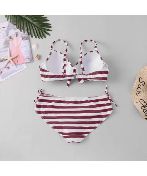 Racing Bikini Large Size Women Stripe Bikini Set Swimsuit Sexy Casual Low Waist Bikini - Wine - CN195NIIU65