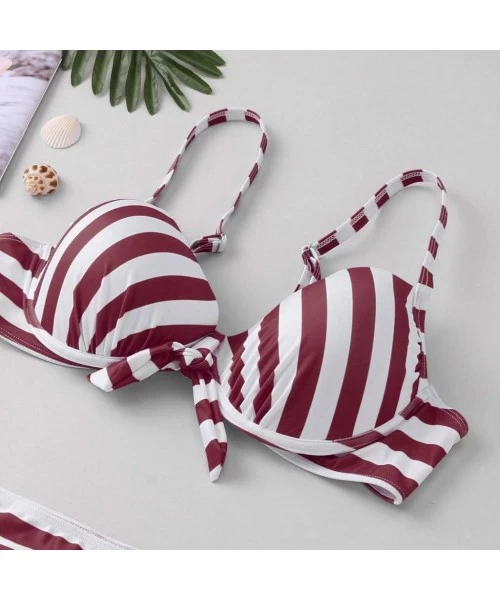 Racing Bikini Large Size Women Stripe Bikini Set Swimsuit Sexy Casual Low Waist Bikini - Wine - CN195NIIU65