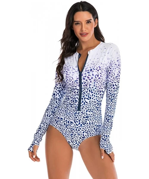 Rash Guards Women One Piece Sleeveless Rash Guard Printed Swimsuit Swimwear Bathing Suit - A-white Blue - CN195A4G047