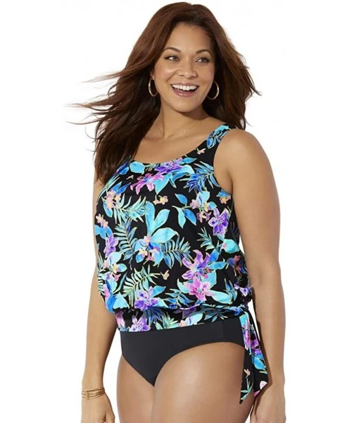 Tankinis Women's Plus Size Side Tie Blouson Tankini Top - Neon Tropical - CQ1969X8AS0